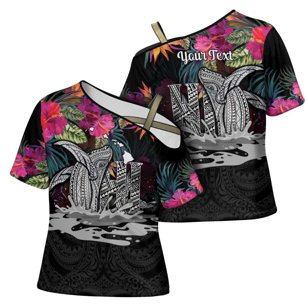 Personalised Hawaii Cross Shoulder Shirt Humpback Whale Tattoo With Tropical Flowers Black