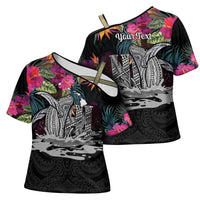Personalised Hawaii Cross Shoulder Shirt Humpback Whale Tattoo With Tropical Flowers Black