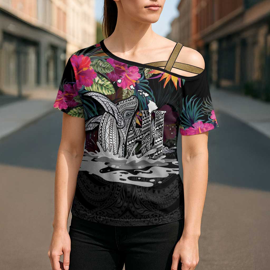 Personalised Hawaii Cross Shoulder Shirt Humpback Whale Tattoo With Tropical Flowers Black