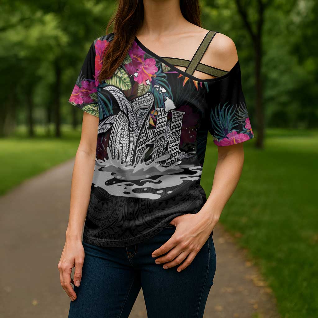 Personalised Hawaii Cross Shoulder Shirt Humpback Whale Tattoo With Tropical Flowers Black