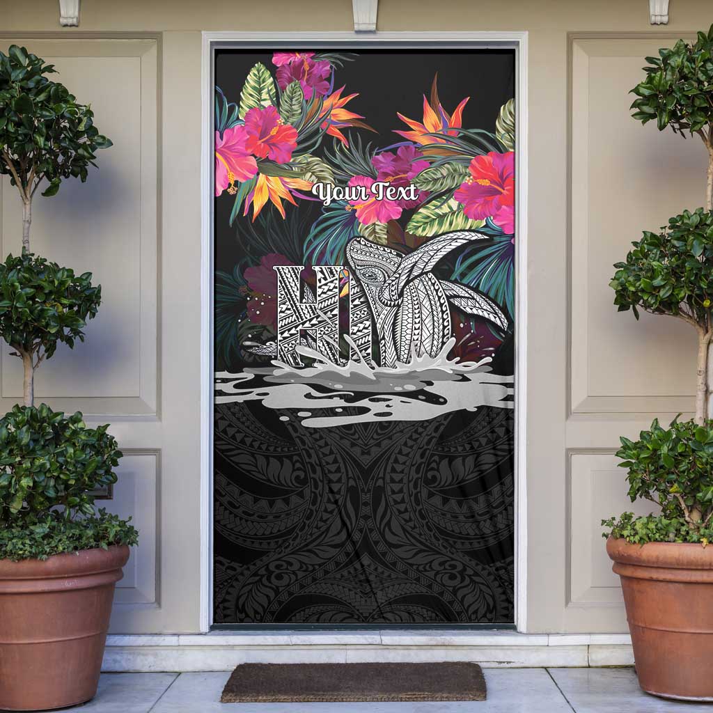 Personalised Hawaii Door Cover Humpback Whale Tattoo With Tropical Flowers Black