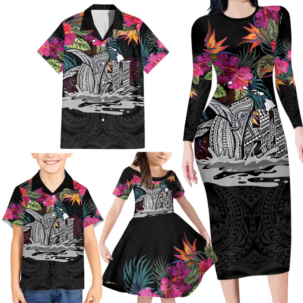 Personalised Hawaii Family Matching Long Sleeve Bodycon Dress and Hawaiian Shirt Humpback Whale Tattoo With Tropical Flowers Black