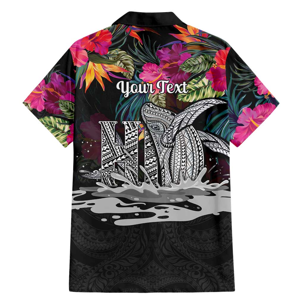 Personalised Hawaii Family Matching Long Sleeve Bodycon Dress and Hawaiian Shirt Humpback Whale Tattoo With Tropical Flowers Black