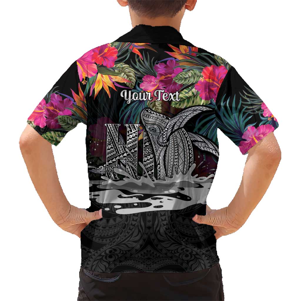 Personalised Hawaii Family Matching Mermaid Dress and Hawaiian Shirt Humpback Whale Tattoo With Tropical Flowers Black
