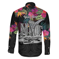 Personalised Hawaii Family Matching Mermaid Dress and Hawaiian Shirt Humpback Whale Tattoo With Tropical Flowers Black