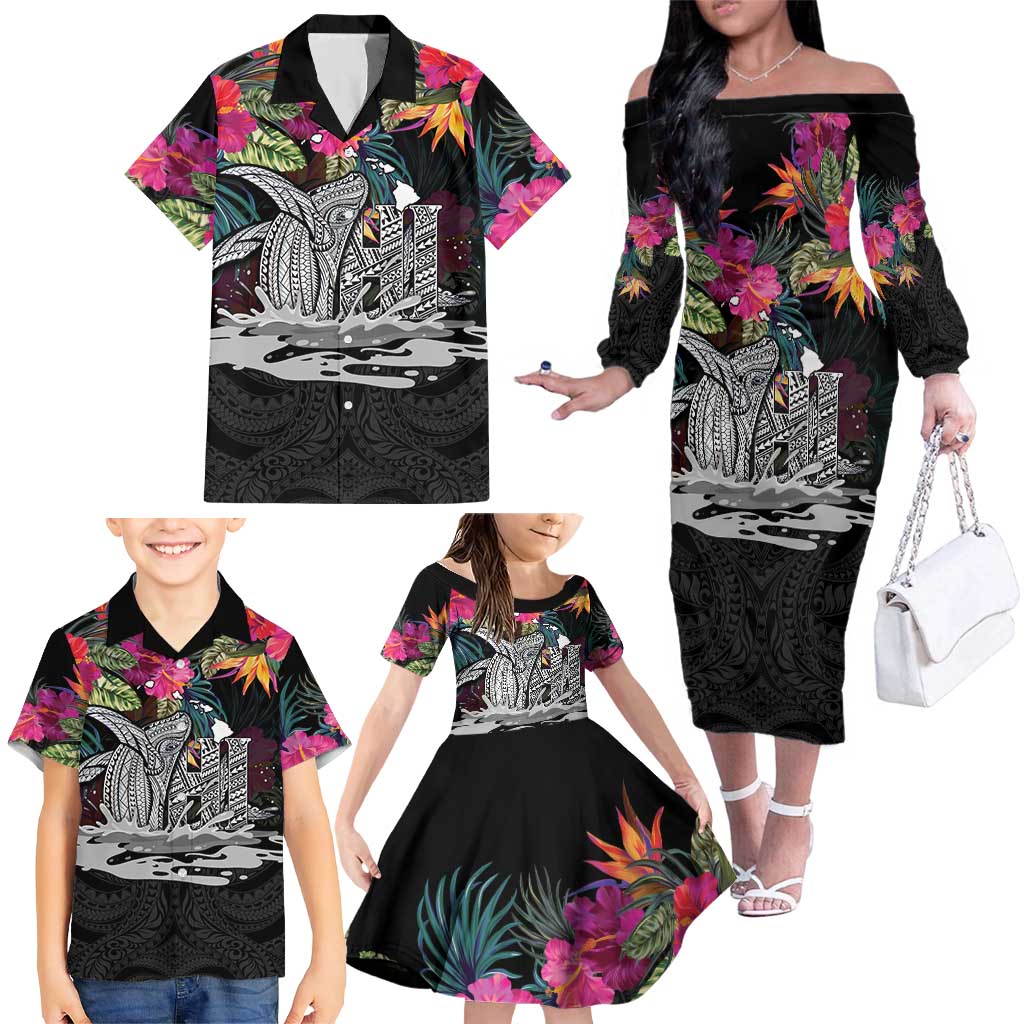 Personalised Hawaii Family Matching Off The Shoulder Long Sleeve Dress and Hawaiian Shirt Humpback Whale Tattoo With Tropical Flowers Black