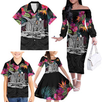 Personalised Hawaii Family Matching Off The Shoulder Long Sleeve Dress and Hawaiian Shirt Humpback Whale Tattoo With Tropical Flowers Black