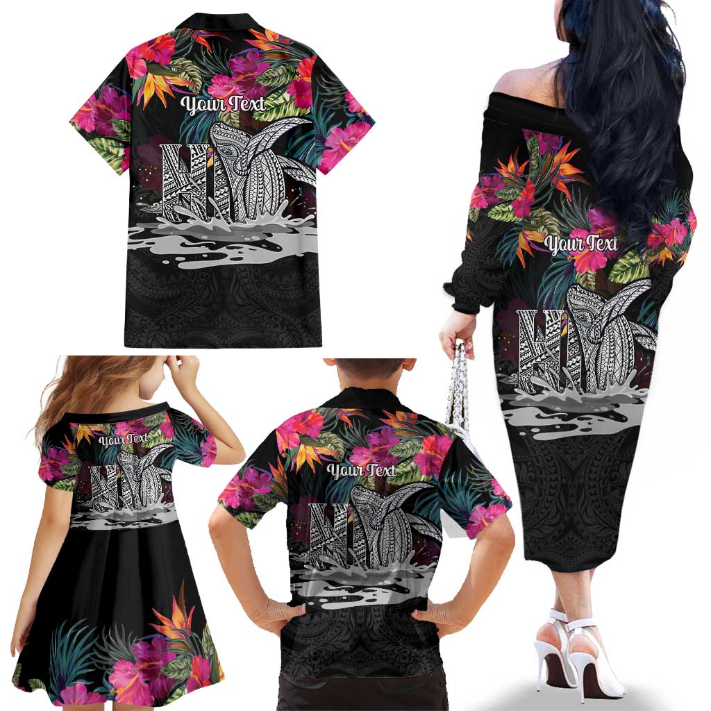 Personalised Hawaii Family Matching Off The Shoulder Long Sleeve Dress and Hawaiian Shirt Humpback Whale Tattoo With Tropical Flowers Black