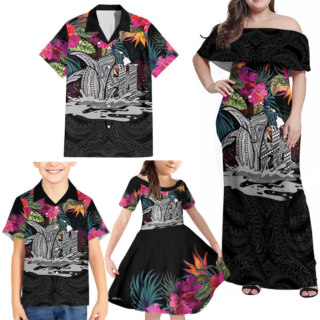 Personalised Hawaii Family Matching Off Shoulder Maxi Dress and Hawaiian Shirt Humpback Whale Tattoo With Tropical Flowers Black LT14 - Polynesian Pride