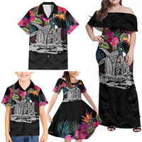 Personalised Hawaii Family Matching Off Shoulder Maxi Dress and Hawaiian Shirt Humpback Whale Tattoo With Tropical Flowers Black