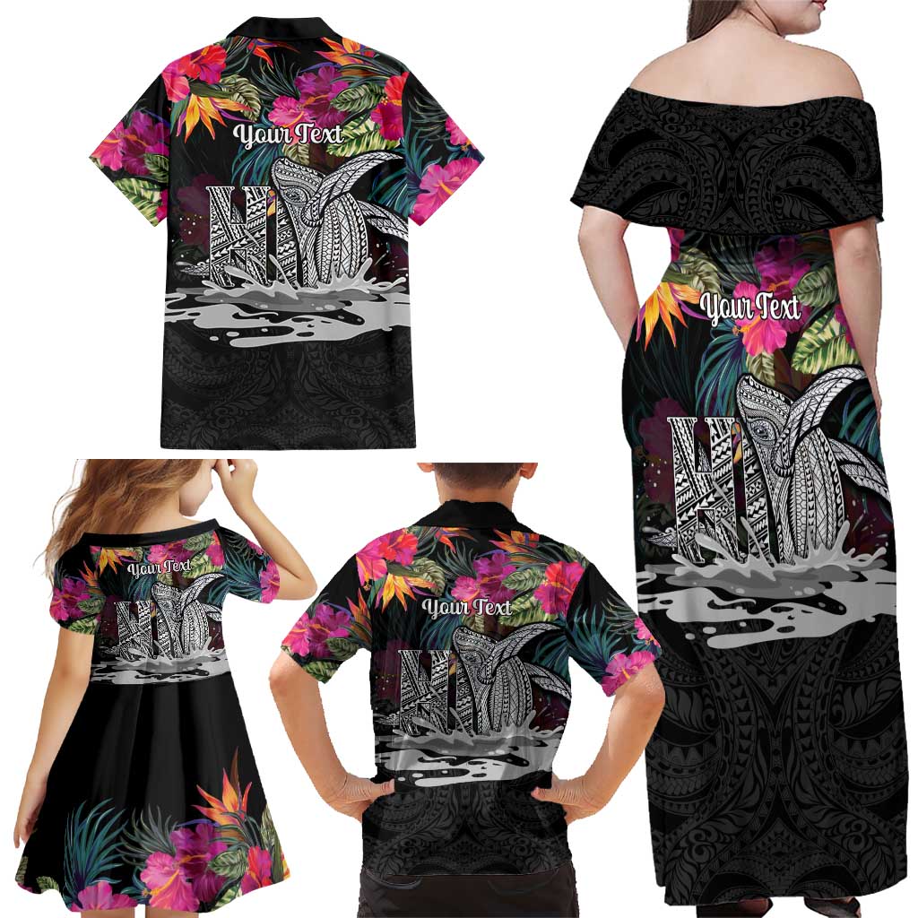 Personalised Hawaii Family Matching Off Shoulder Maxi Dress and Hawaiian Shirt Humpback Whale Tattoo With Tropical Flowers Black
