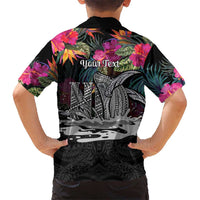 Personalised Hawaii Family Matching Off Shoulder Short Dress and Hawaiian Shirt Humpback Whale Tattoo With Tropical Flowers Black