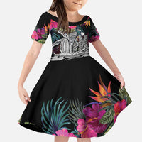 Personalised Hawaii Family Matching Off Shoulder Short Dress and Hawaiian Shirt Humpback Whale Tattoo With Tropical Flowers Black