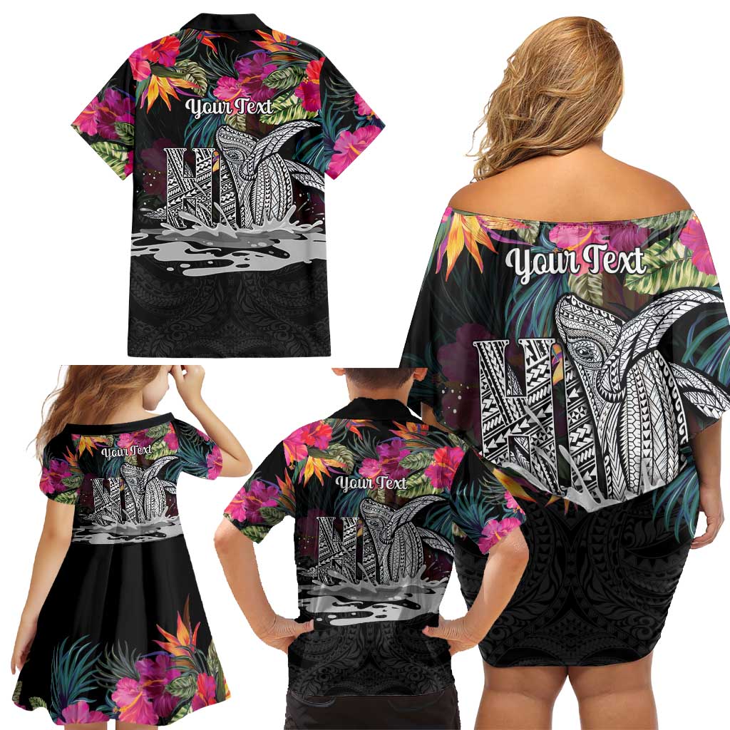 Personalised Hawaii Family Matching Off Shoulder Short Dress and Hawaiian Shirt Humpback Whale Tattoo With Tropical Flowers Black