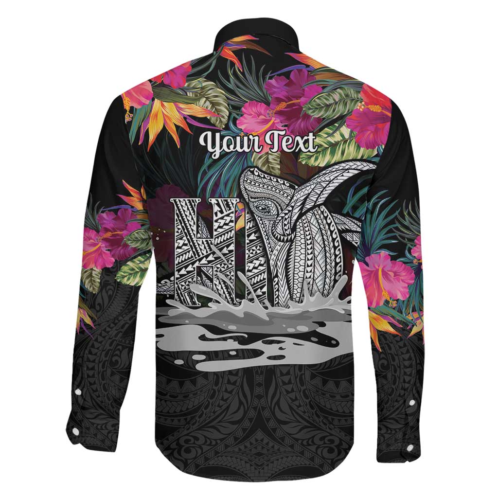 Personalised Hawaii Family Matching Off Shoulder Short Dress and Hawaiian Shirt Humpback Whale Tattoo With Tropical Flowers Black
