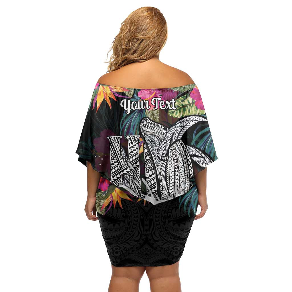 Personalised Hawaii Family Matching Off Shoulder Short Dress and Hawaiian Shirt Humpback Whale Tattoo With Tropical Flowers Black