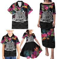 Personalised Hawaii Family Matching Puletasi and Hawaiian Shirt Humpback Whale Tattoo With Tropical Flowers Black