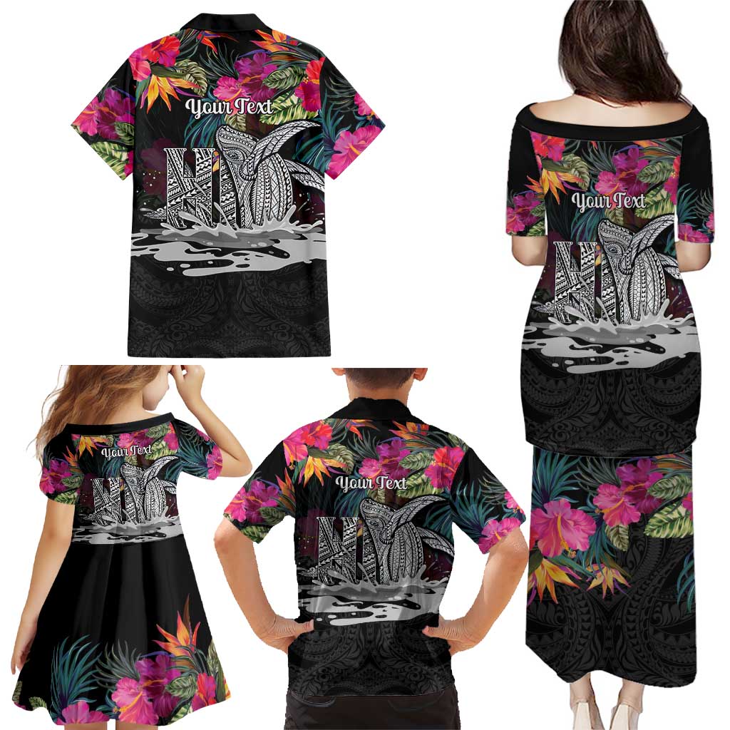 Personalised Hawaii Family Matching Puletasi and Hawaiian Shirt Humpback Whale Tattoo With Tropical Flowers Black