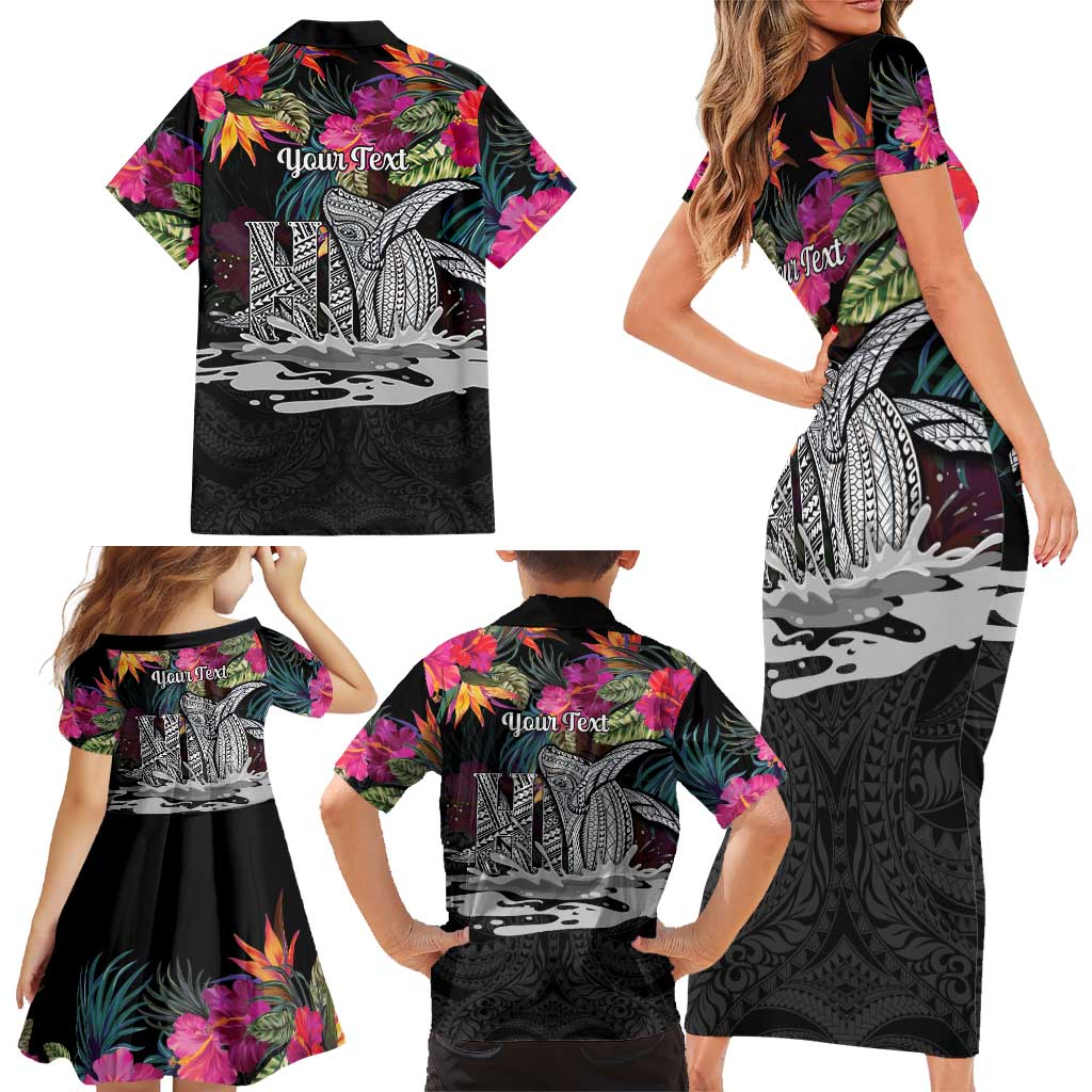 Personalised Hawaii Family Matching Short Sleeve Bodycon Dress and Hawaiian Shirt Humpback Whale Tattoo With Tropical Flowers Black
