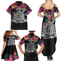 Personalised Hawaii Family Matching Summer Maxi Dress and Hawaiian Shirt Humpback Whale Tattoo With Tropical Flowers Black