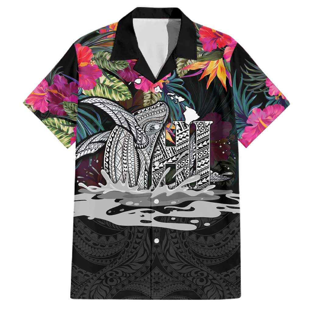 Personalised Hawaii Family Matching Summer Maxi Dress and Hawaiian Shirt Humpback Whale Tattoo With Tropical Flowers Black