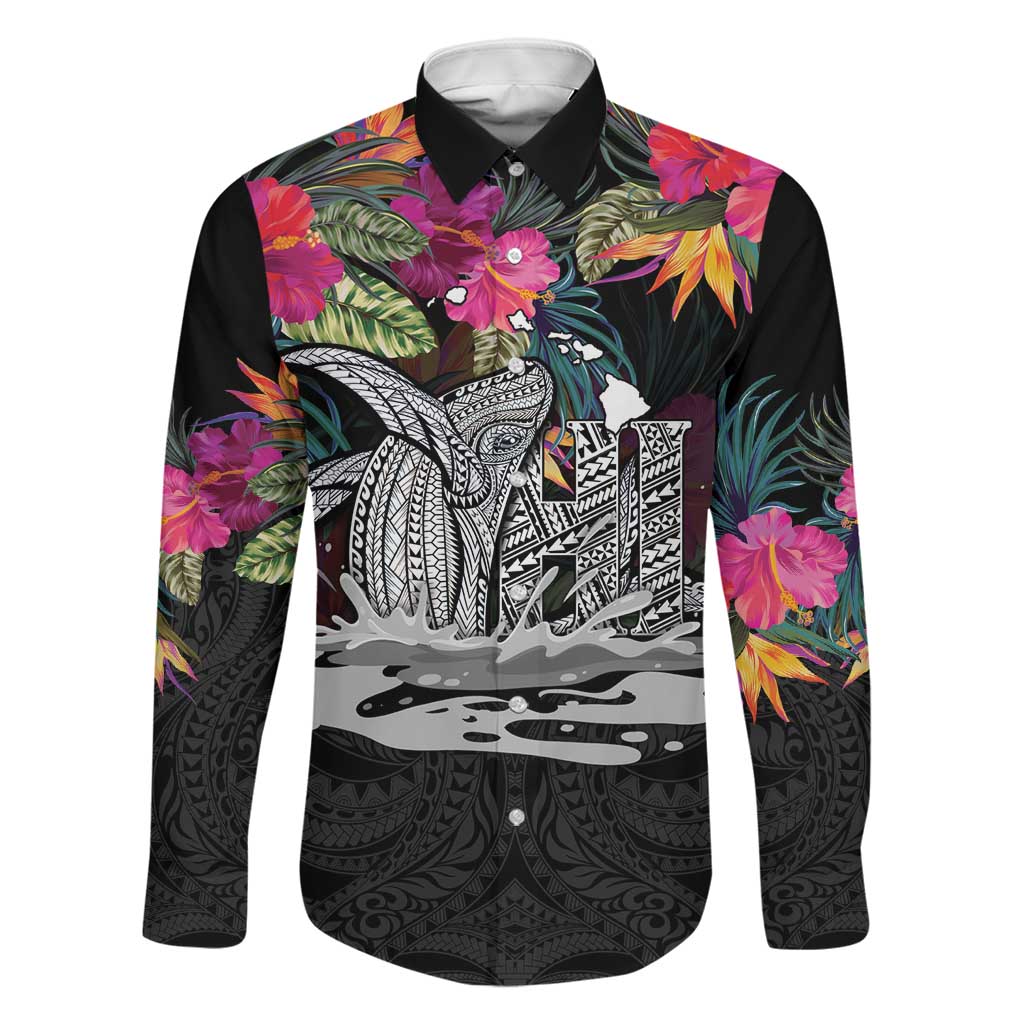 Personalised Hawaii Family Matching Summer Maxi Dress and Hawaiian Shirt Humpback Whale Tattoo With Tropical Flowers Black