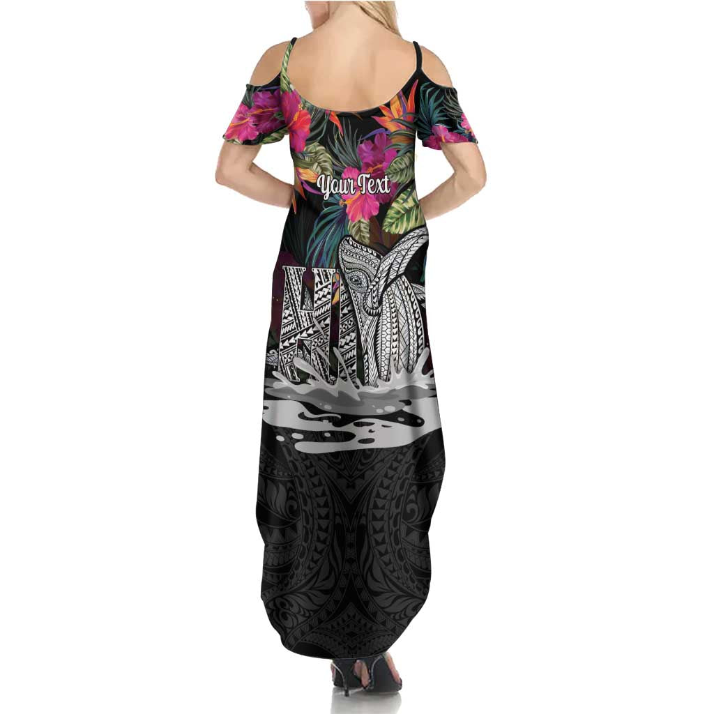 Personalised Hawaii Family Matching Summer Maxi Dress and Hawaiian Shirt Humpback Whale Tattoo With Tropical Flowers Black