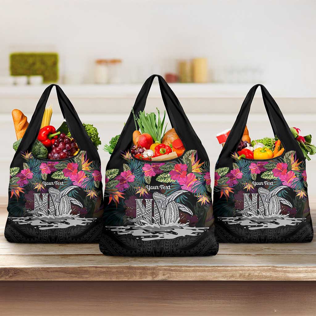 Personalised Hawaii Grocery Bag Humpback Whale Tattoo With Tropical Flowers Black LT14 3-pack One Size Black - Polynesian Pride