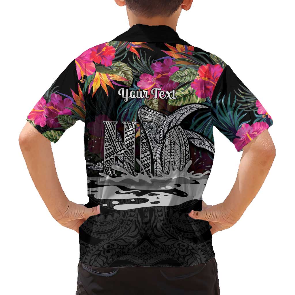 Personalised Hawaii Hawaiian Shirt Humpback Whale Tattoo With Tropical Flowers Black LT14 - Polynesian Pride