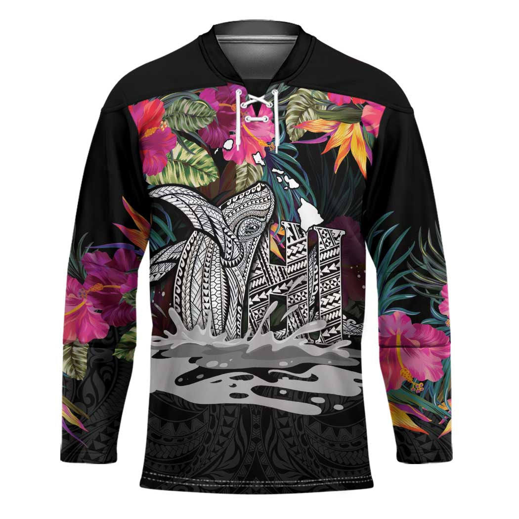 Personalised Hawaii Hockey Jersey Humpback Whale Tattoo With Tropical Flowers Black LT14 Unisex Black - Polynesian Pride