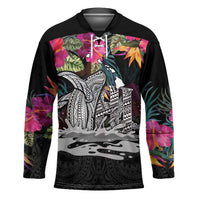 Personalised Hawaii Hockey Jersey Humpback Whale Tattoo With Tropical Flowers Black LT14 Unisex Black - Polynesian Pride