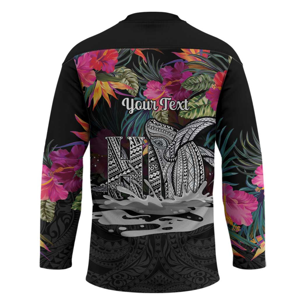 Personalised Hawaii Hockey Jersey Humpback Whale Tattoo With Tropical Flowers Black LT14 - Polynesian Pride