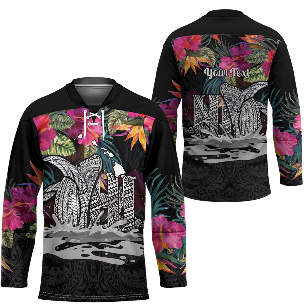 Personalised Hawaii Hockey Jersey Humpback Whale Tattoo With Tropical Flowers Black LT14 - Polynesian Pride