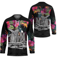 Personalised Hawaii Hockey Jersey Humpback Whale Tattoo With Tropical Flowers Black LT14 - Polynesian Pride