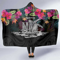 Personalised Hawaii Hooded Blanket Humpback Whale Tattoo With Tropical Flowers Black