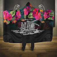 Personalised Hawaii Hooded Blanket Humpback Whale Tattoo With Tropical Flowers Black