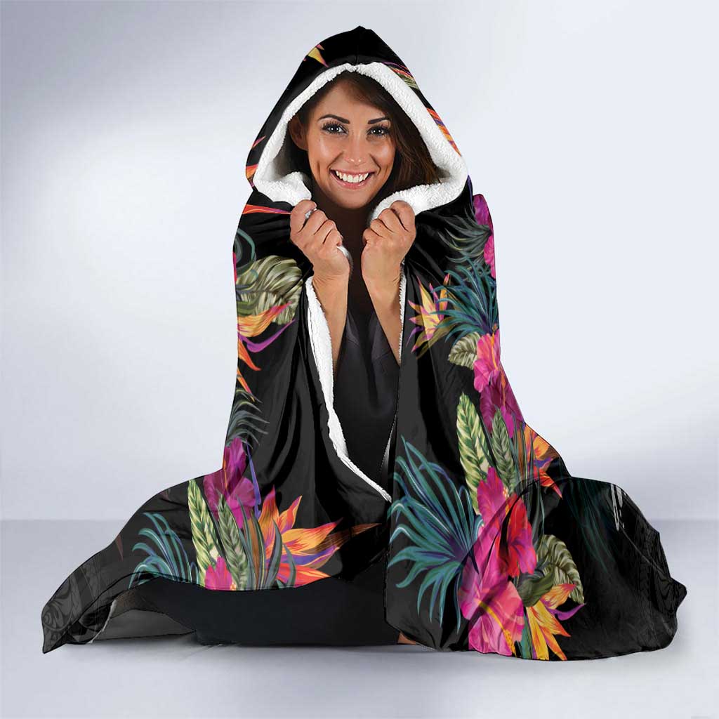 Personalised Hawaii Hooded Blanket Humpback Whale Tattoo With Tropical Flowers Black