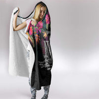 Personalised Hawaii Hooded Blanket Humpback Whale Tattoo With Tropical Flowers Black