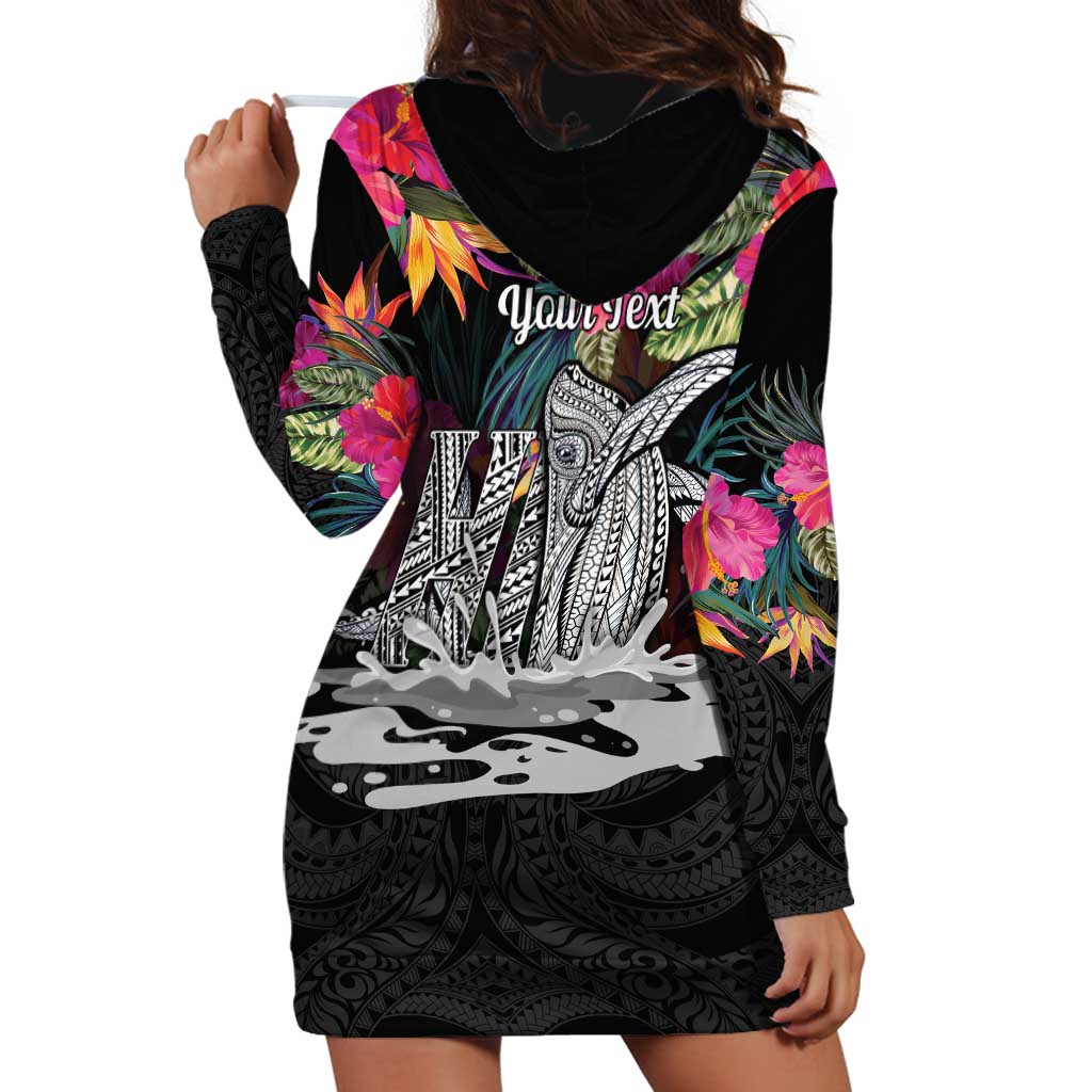Personalised Hawaii Hoodie Dress Humpback Whale Tattoo With Tropical Flowers Black LT14 - Polynesian Pride