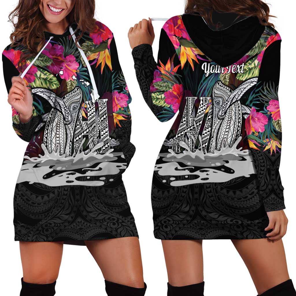 Personalised Hawaii Hoodie Dress Humpback Whale Tattoo With Tropical Flowers Black LT14 - Polynesian Pride