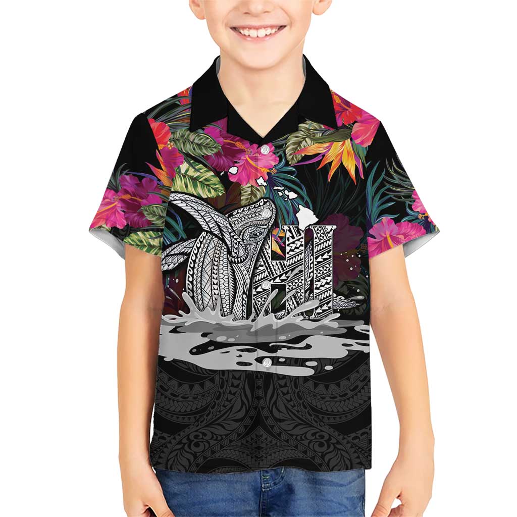 Personalised Hawaii Kid Hawaiian Shirt Humpback Whale Tattoo With Tropical Flowers Black LT14 Kid Black - Polynesian Pride