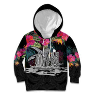 Personalised Hawaii Kid Hoodie Humpback Whale Tattoo With Tropical Flowers Black LT14 Hoodie Black - Polynesian Pride