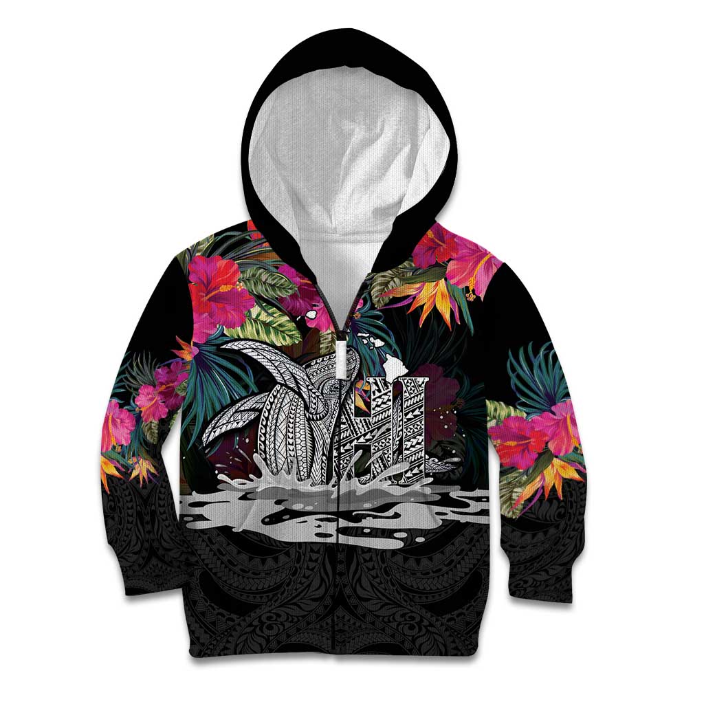Personalised Hawaii Kid Hoodie Humpback Whale Tattoo With Tropical Flowers Black LT14 Zip Hoodie Black - Polynesian Pride