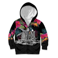 Personalised Hawaii Kid Hoodie Humpback Whale Tattoo With Tropical Flowers Black LT14 Zip Hoodie Black - Polynesian Pride