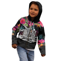 Personalised Hawaii Kid Hoodie Humpback Whale Tattoo With Tropical Flowers Black LT14 - Polynesian Pride