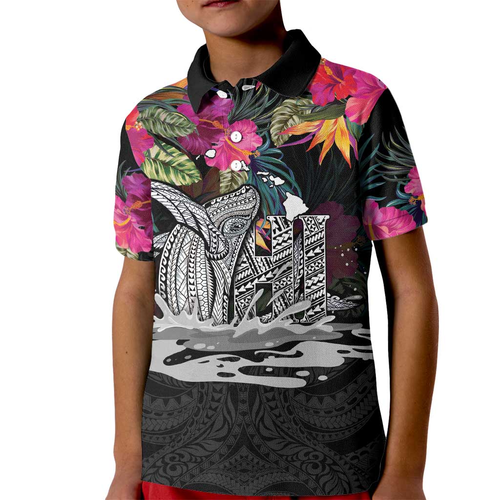 Personalised Hawaii Kid Polo Shirt Humpback Whale Tattoo With Tropical Flowers Black LT14 Kid Black - Polynesian Pride