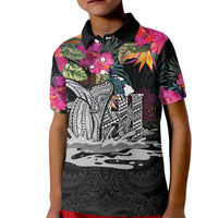 Personalised Hawaii Kid Polo Shirt Humpback Whale Tattoo With Tropical Flowers Black LT14 Kid Black - Polynesian Pride