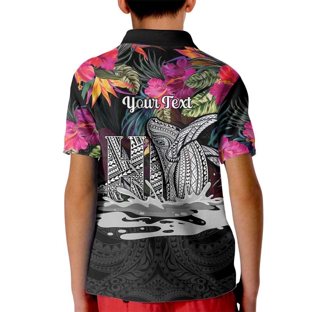Personalised Hawaii Kid Polo Shirt Humpback Whale Tattoo With Tropical Flowers Black LT14 - Polynesian Pride