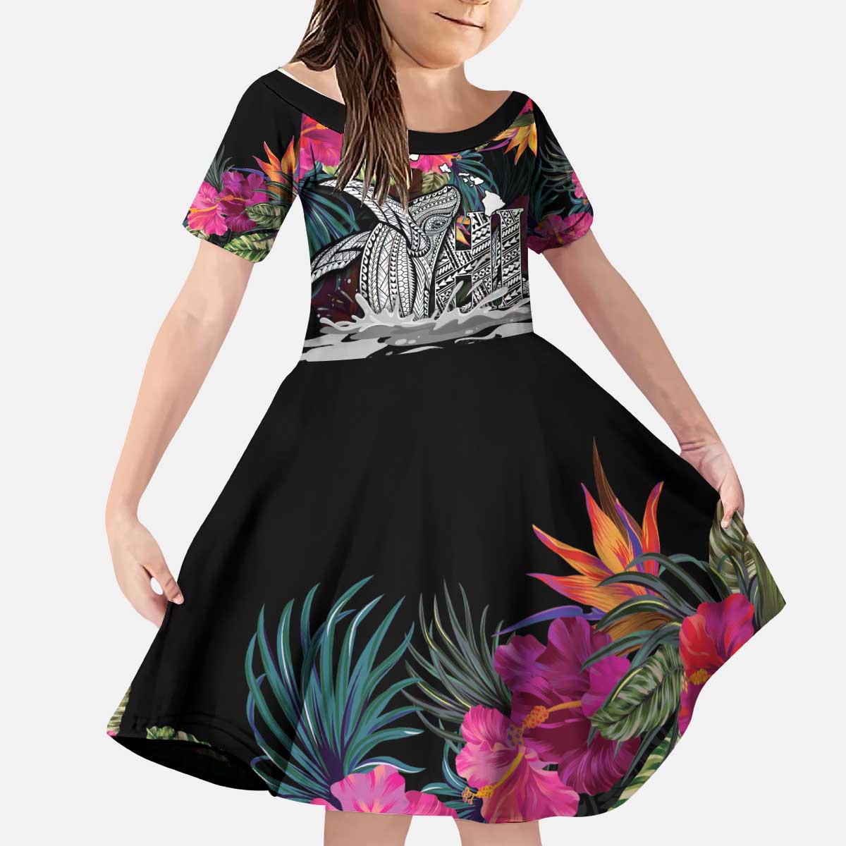 Personalised Hawaii Kid Short Sleeve Dress Humpback Whale Tattoo With Tropical Flowers Black LT14 KID Black - Polynesian Pride