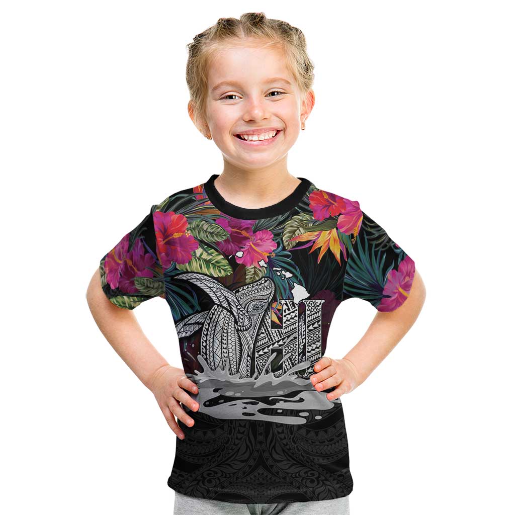 Personalised Hawaii Kid T Shirt Humpback Whale Tattoo With Tropical Flowers Black